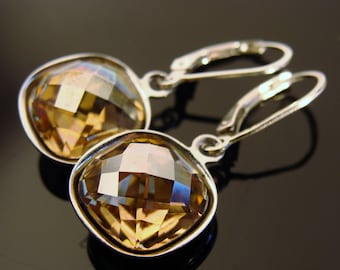 Swarovski Crystal Golden Shadow Sterling Silver Leverback Earrings  Gift