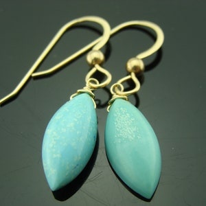 Sleeping Beauty Turquoise Earrings · 14K Solid Gold · Arizona Marquise Cut Gemstone · Elegant Handmade Gift for Her
