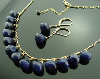 Genuine Sapphire 14K Gold Filled Gemstone Necklace and Earrings Set  Gift