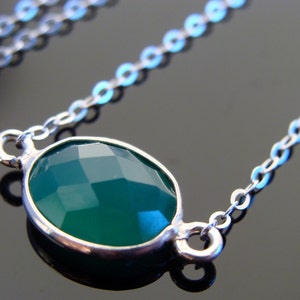 Bezel Set Green Onyx Oval Sterling Silver Link Necklace  Gift