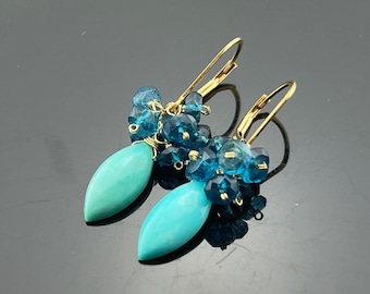Genuine Arizona Turquoise & London Blue Topaz 14K Gold Filled Leverback Cluster Earrings