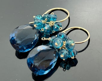 Genuine London Blue Topaz and Blue Quartz 14K Gold Filled Cluster Earrings