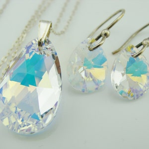 Swarovski Crystal AB Drop Jewelry Set · 925 Sterling Silver Earrings & Necklace · Gift for Her · Iridescent Bridal Jewelry
