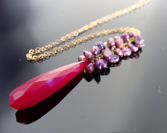 Hot Pink Chalcedony 14k Gold Filled Gemstone Necklace  Gift