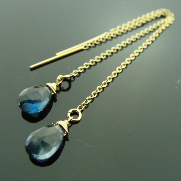 Genuine London Blue Topaz 14K Gold Filled Ear Threads  Gift