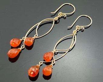 Long Carnelian Chandeliers 14K Gold Filled Earrings  Gift