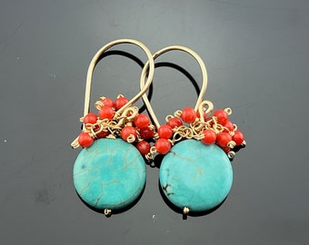 Turquoise Coin and Red Bamboo Coral 14K Gold Filled Cluster Earrings