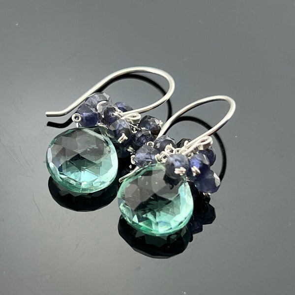 Green Quartz and Iolite 925 Sterling Silver Cluster Earrings  Gift
