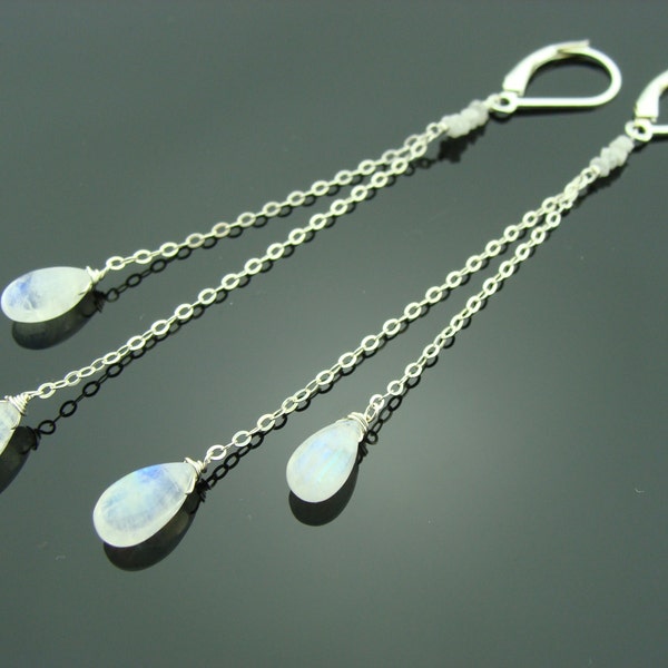 Genuine White Raw Diamond and Moonstone Sterling Silver or 14K Gold Filled Earrings  Gift