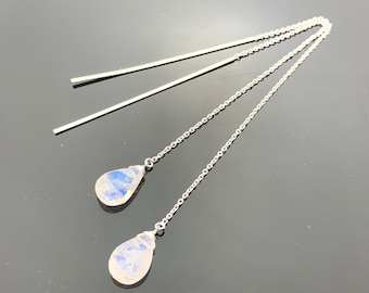 Rainbow Moonstone Drops · Long 925 Sterling Silver Ear Thread Earrings · Minimalist Gemstone · Handmade Jewelry