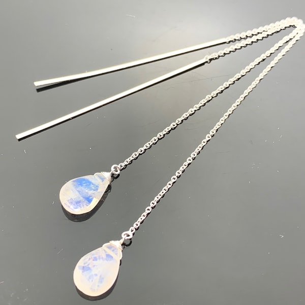Gouttes de pierre de lune arc-en-ciel · Boucles d'oreilles longues en argent sterling 925 avec fil d'oreille · Pierres précieuses minimalistes · Bijoux faits main