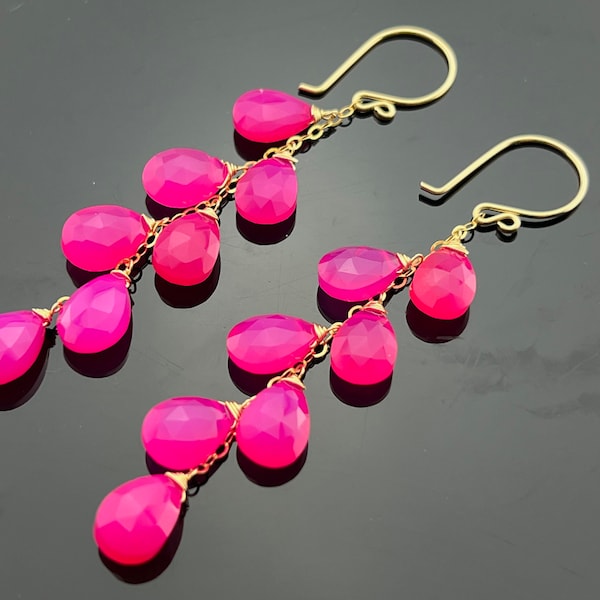 Hot Pink Chalcedony Cascade 14K Gold Filled Earrings  Gift