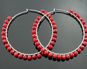 Red Bamboo Coral Large 925 Sterling Silver Hoop Earrings  Gift