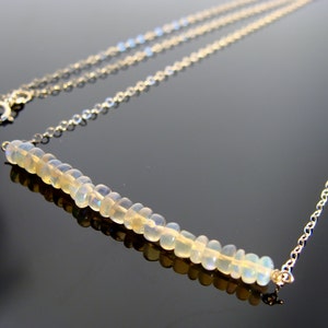 14K Solid Gold Opal Necklace . Ethiopian Welo Opal Bar Pendant . Dainty October Birthstone Jewelry . Minimal Gift for Her