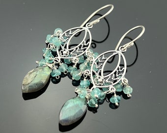 Labradorite and Apatite · Chandelier Earrings · 925 Sterling Silver · Gemstone Jewelry