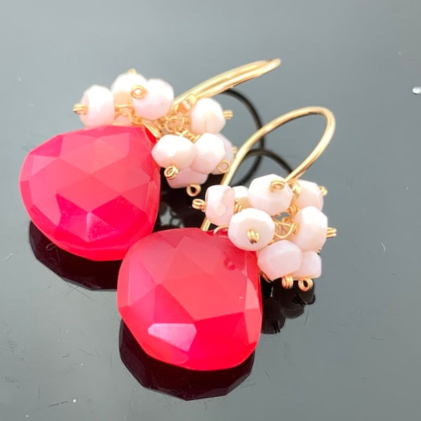 Hot Pink Chalcedony and Pink Opal 14K Gold Filled Cluster Earrings Gift
