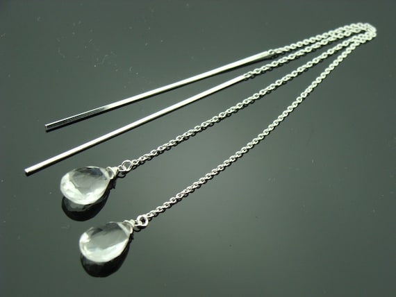 Long Crystal Quartz Drop 925 Sterling Silver Ear Threads Gift | Etsy