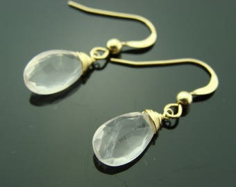 Rose Quartz Faceted Drop 14K Solid Yellow Gold Earrings  Gift