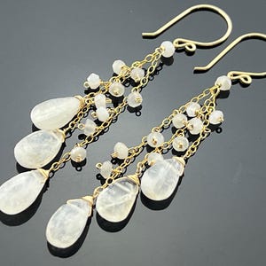 Rainbow Moonstone Cascade Earrings • 14K Gold Filled or Sterling Silver • Long Gemstone Dangle • June Birthstone Gift for Her