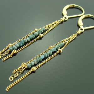 Blue Raw Diamond Earrings · 14K Gold Filled · Long Dangle Leverbacks · Genuine Rough Diamond · Handmade Gift for Her