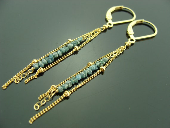 Blue Raw Diamond Earrings · 14K Gold Filled · Long Dangle Leverbacks · Genuine Rough Diamond