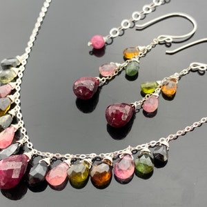 Set van toermalijn robijn en watermeloen · 925 sterlingzilveren edelsteenketting en oorbellen · Handgemaakte sieraden Cadeau voor haar