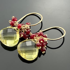 Boucles d'oreilles en rubis et quartz citron • Or 14 carats ou argent sterling • Pendentif avec pierres précieuses véritables • Cadeau de naissance en juillet pour elle