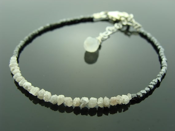 Raw White Diamond & Black Sterling Silver Bracelet • Rough Diamond Jewelry • Adjustable Length