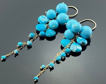 Boucles d'oreilles longues pendantes en cascade turquoise remplies d'or 14 carats, cadeau