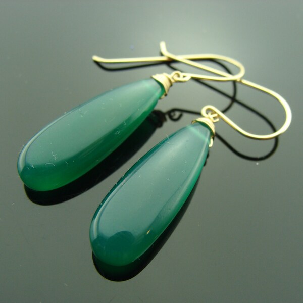 Green Onyx Smooth Drop 14K Yellow Solid Gold Earrings  Gift