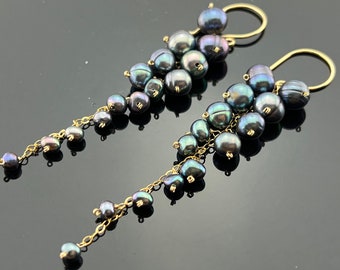 Orecchini Pendenti A Goccia Placcati Oro Con Perle Conchiglia Pavone Nero 12x16 Mm
