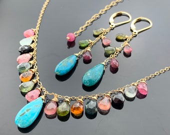 Genuine Arizona Turquoise and Watermelon Tourmaline 14k Gold Filled Gemstone Necklace and Leverback Earrings Set