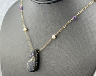 Jasper with Pyrite Drop, Amethyst beads, and Freshwater Pearls Gold Filled Necklace