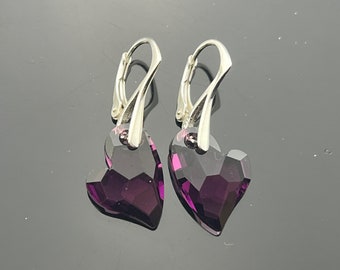 Swarovski Crystal Purple Heart 925 Sterling Silver Leverback Earrings  Gift