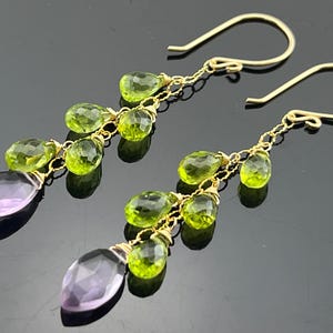 Pink Amethyst and Peridot Sterling Silver or 14K Gold Filled Cascade Earrings • Genuine Gemstone Dangle Earrings • Unique Gift for Her