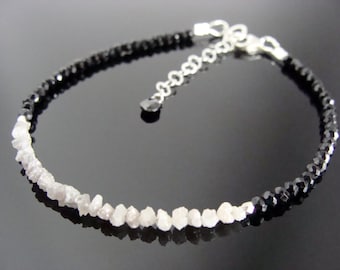 White Raw Rough Diamond and Black Spinel Bracelet · 925 Sterling Silver
