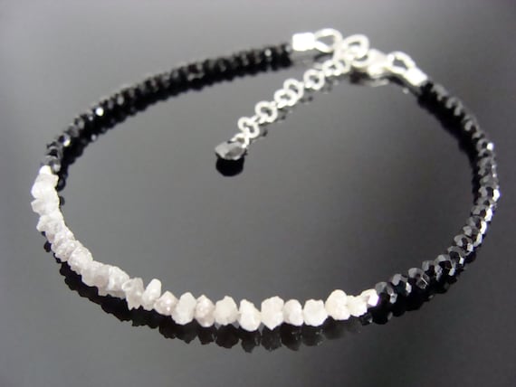 White Raw Rough Diamond and Black Spinel Bracelet · 925 Sterling Silver