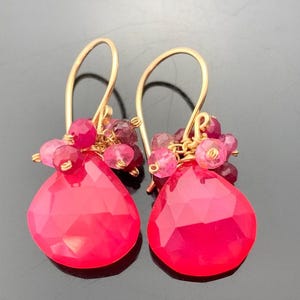 Hot pink chalcedony, ruby & pink topaz cluster earrings · 14k gold filled or sterling silver