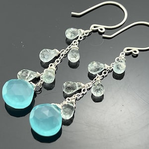 Aqua Blue Chalcedony & Aquamarine Cascade Earrings • 925 Sterling Silver • Gemstone Long Dangle Earrings Gift for Her