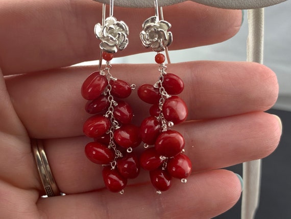 Red Bamboo Coral Cluster Earrings · Rose Earwires · 925 Sterling Silver · Handmade Boho Dangle Jewelry