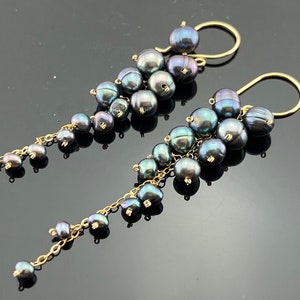 Peacock Black Pearls · Freshwater Cascade Earrings · 14K Gold Filled or Sterling Silver · Elegant Gift · Handmade Jewelry for Her