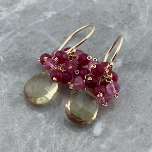 Lemon quartz Ruby Pink Topaz Earrings · 14k Gold Filled 925 Sterling Silver · Gemstone Cluster