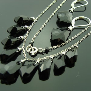 Jet Black Swarovski Crystal Jewelry Set · 925 Sterling Silver Earrings and Necklace · Black Jewelry Gift for Her