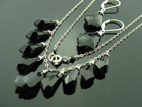 Jet Black Swarovski Crystal Jewelry Set · 925 Sterling 