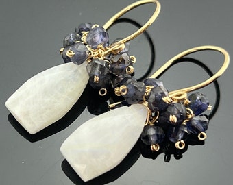 Rainbow Moonstone and Iolite 14K Gold Filled or 925 Sterling Silver Cluster Earrings