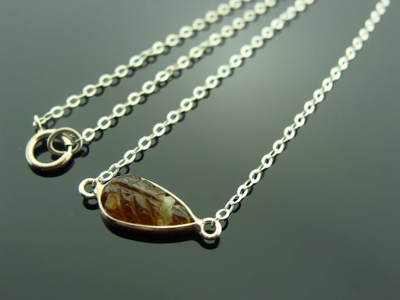 Light Brown Tourmaline Leaf Necklace · Carved Gemstone in Bezel Set Sterling Silver · Nature Pendant · Handmade Gift for Her