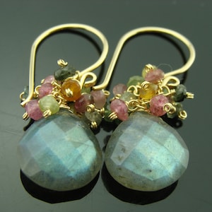 Labradorite & Watermelon Tourmaline · 14K Gold Filled or 925 Sterling Silver Earrings · Flashy Gemstone Gift for Her