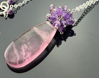 Fluorite and Brazilian Amethyst 925 Sterling Silver Cluster Necklace