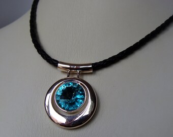 Swarovski Crystal Turquoise Pendant Necklace · Genuine Leather Cord · Boho Jewelry