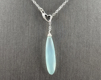 Aqua Blau Chalcedon Lariat Herz Tropfen Halskette • 925 Sterling Silber • Zierlicher Edelstein Schmuck